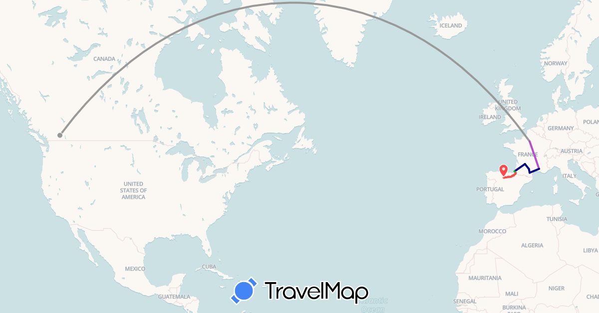 TravelMap itinerary: driving, bus, plane, train, hiking in Canada, Spain, France (Europe, North America)